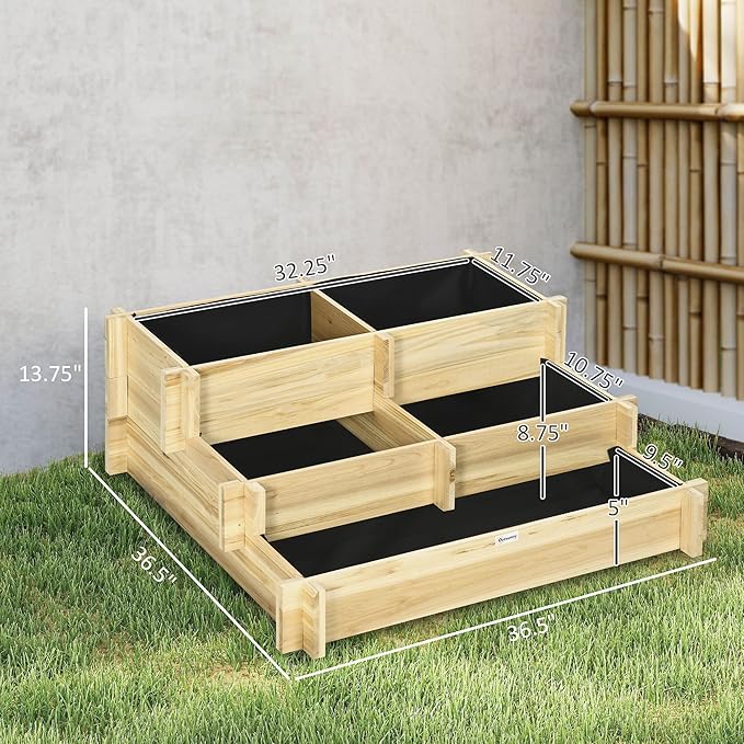 Outsunny 3-Tier Raised Garden Bed with 5 Compartments and Bed Liner Fir Wood Elevated Planter Box for Vegetables Herbs Outdoor Plants 37 x 37 x 14in Natural