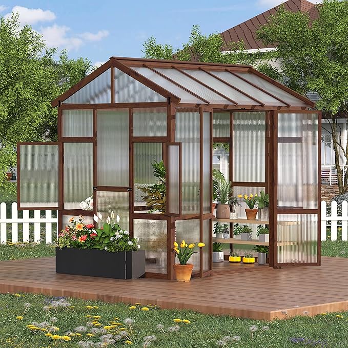 6x8 ft Wooden Greenhouse for Outdoor - Heavy Duty Walk-in Green House Kit with 6 mm PolycarbonateVentilated Window &amp Lockable Door for BackyardPatioLawn