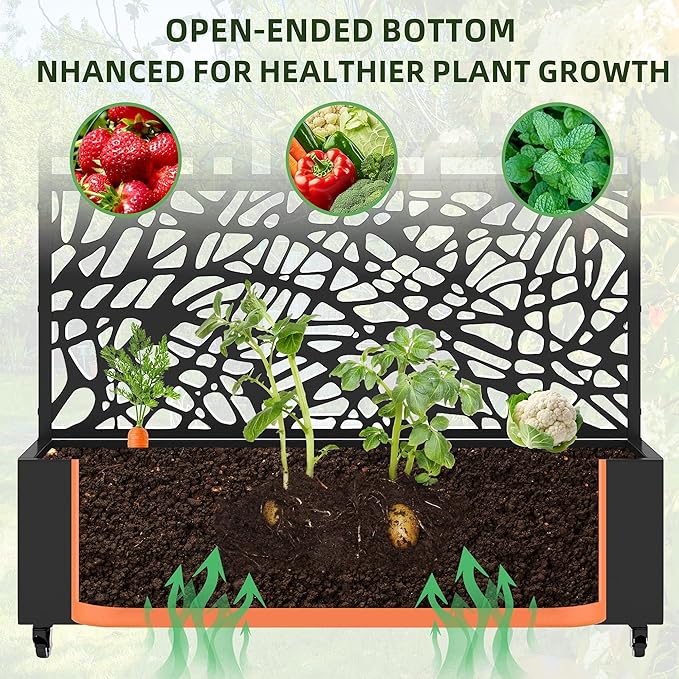 Casaphoria Metal Raised Garden Bed with Trellis and Wheels 72x47x16 Planter Box for Climbing Plants Vegetables &amp Vines Features Drainage Holes and Privacy Screen Black(Parallel&ampLouvered