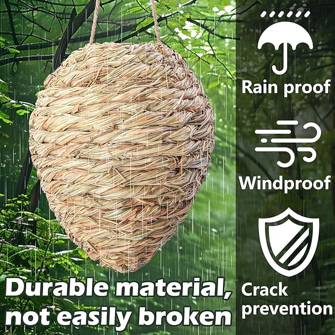 DECOHS 2 Pack Large Woven Reed Wasp Nest Decoy 10 x 7.5 Inch Hanging Fake Wasp Nests Decoration Faux Hornet Nest Wasps Deterrent for Outdoor Garden Yard Patio Eaves
