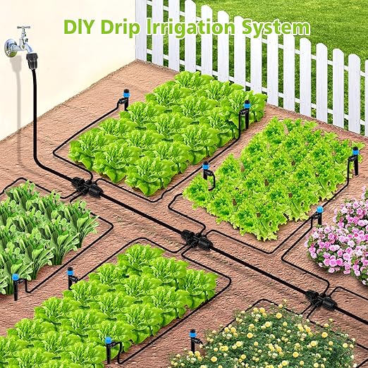 102FT Drip Irrigation System Kit New Quick-Connect Automatic Garden Watering Misting System for Greenhouse Yard Lawn Plant with 1/2 inch Hose 1/4 inch Distribution Tubing and Accessories