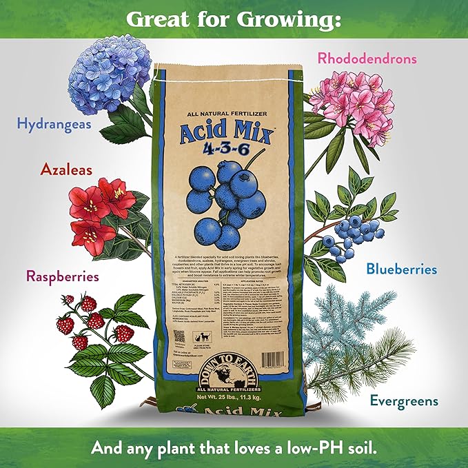 Down To Earth All Natural Fertilizers Organic Acid Mix - Plant Food for Blueberries Raspberries Azaleas and Rhododendrons 4-3-6 25 lb