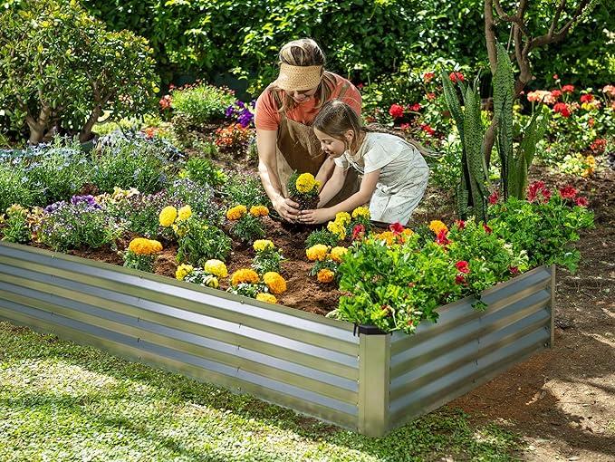 Plant &amp Plot Galvanized Raised Garden Beds Outdoor // 8×4×1 ft Planter Raised Beds for Gardening Vegetables Flowers (Silver) // Large Metal Garden Box // Patented Tool-Free Design