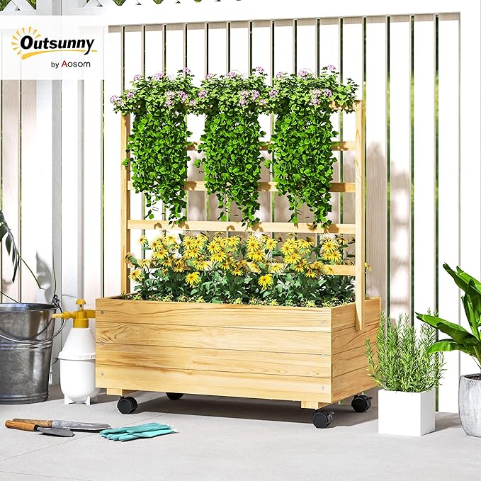 Outsunny Raised Garden Bed with Trellis and Wheels Outdoor Wooden Elevated Planter Box Freestanding Raised Flower Bed for Climbing Plants Flowers Herbs and Vegetables Natural