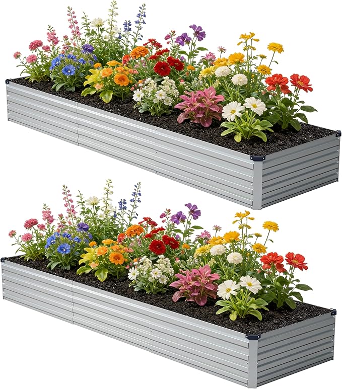 12x2x1 ft(2 Pack) Galvanized Raised Garden BedOutdoor Planter Box Metal Patio Kit Planting Bed for Vegetables Flowers and SucculentsSilver