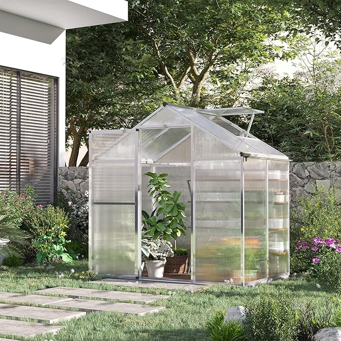 Outsunny 4' x 6' Greenhouse for Outdoors Polycarbonate Greenhouse with Rain Gutter and Roof Vent Aluminum Walk-in Green Houses for Outside Patio Backyard Garden