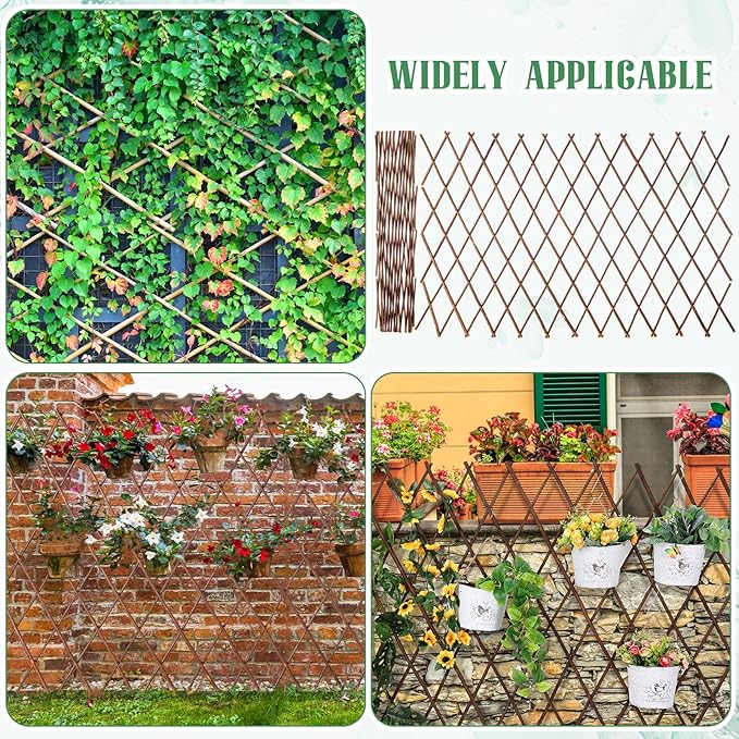 4 Pack Expandable Willow Trellis Lattice Fence Willow Fence Panel for Climbing Plants Garden Lattice Trellis Plant Support Open Screen Fencing Outdoor Decorative Wood