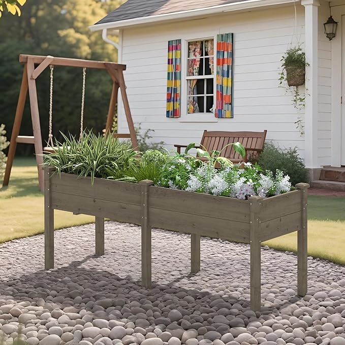 BlueWish 72''L x 23''W x 30''H Outdoor Cedar Garden Bed Raised Garden Bed with 8 Drainage Holes &amp 6 Legs Elevated Planter Boxes for Gardening Vegetable Flower 661lbs Capacity Brown