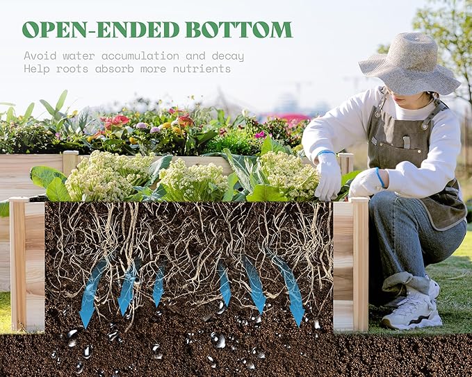 AMERLIFE 12x12x2 FT Wooden Raised Garden Bed H-Shaped Planter Box with Double-Layer Design 180 Cu. Ft Capacity for Outdoor Patio &amp Backyard