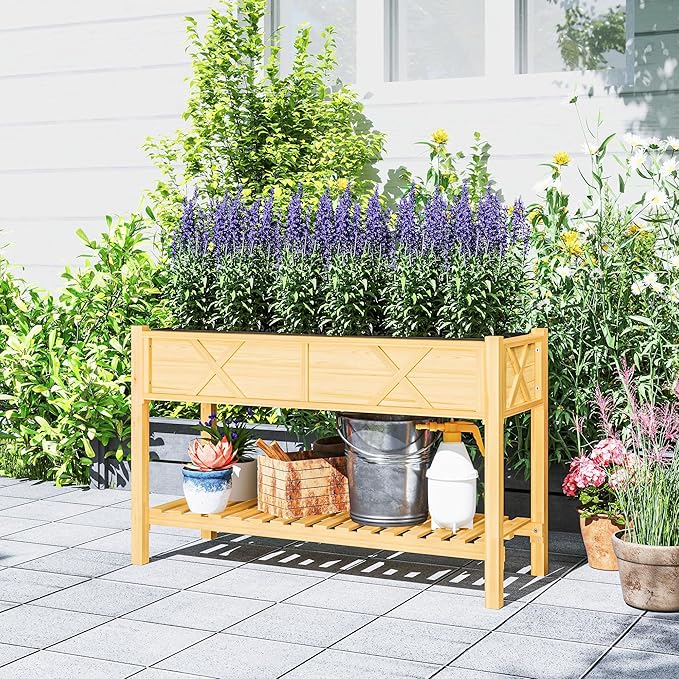 Outsunny Raised Garden Bed Elevated Wood Planter Box with Storage Shelf Drainage Holes and Liner for Backyard Patio Balcony 47 x 22 x 31.5 in Natural