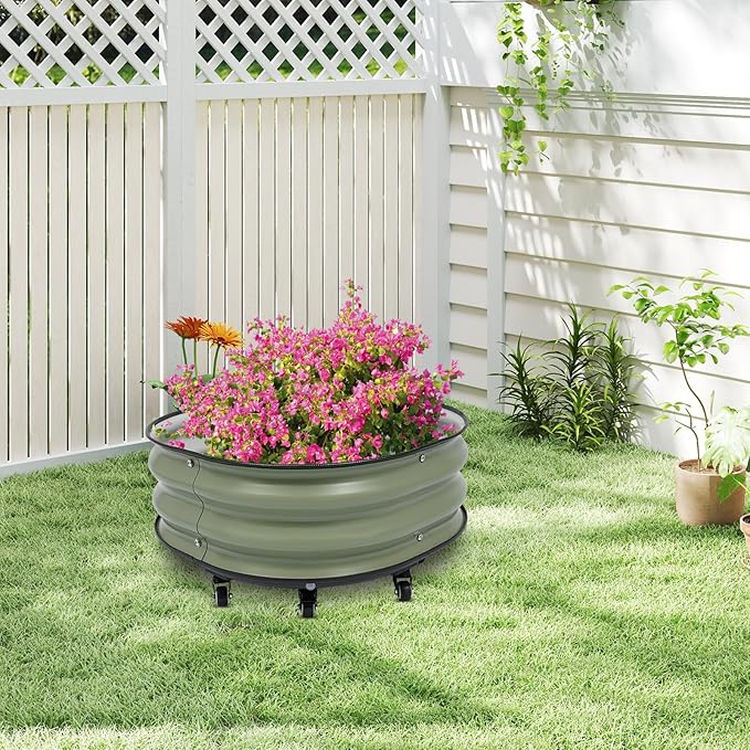 Raised Garden Bed Kits Green Metal Modular Raised Planter Box with 9*Wheels &amp Brakes &amp Gloves Outdoor Round Planter Box for Vegetables Fruits Flowers Herbs 23.62 * 11.81 inch