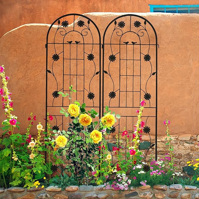 2/4 Pack Metal Garden Trellis for Climbing Plants Outdoor Flower Support Plant Trellis for Roses Vines Vegetables Patio Decor Practical(Black2 Pack)