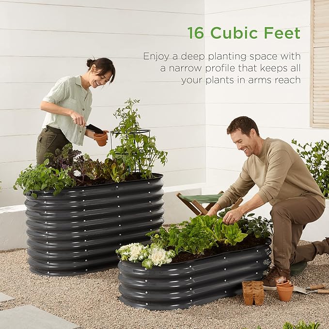 Best Choice Products 4x2x2ft Outdoor Metal Raised Garden Bed Oval Deep Root Planter Box for Vegetables Flowers Herbs and Succulents w/ 101 Gallon Capacity Rubber Edge Guard - Charcoal