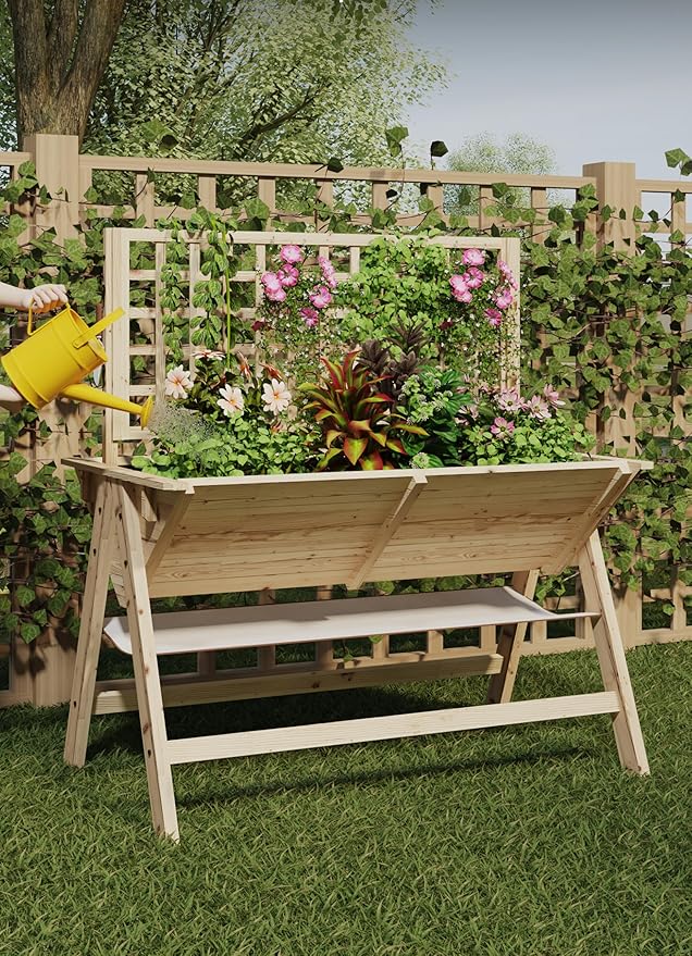 GarveeHome 52x30x54 in Raised Garden Bed with Legs Elevated Wooden Raised Planter Box with Vine Climbing Trellis Outdoor Standing Growing Bed for Growing Vegetables Flowers Herbs