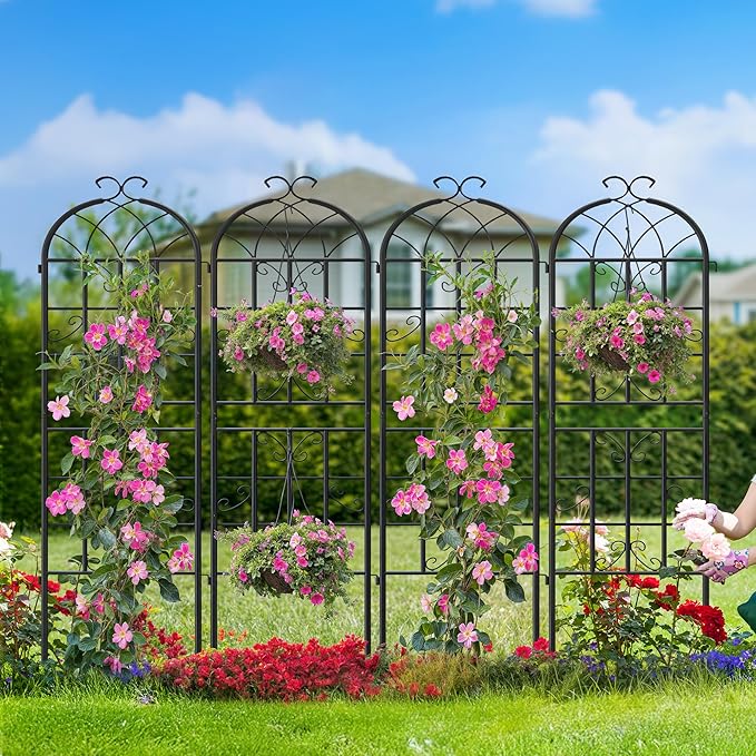 4 Pack 71x20in Garden Trellises Butterfly Black Metal Coated Rustproof Trellis for Climbing Plants Outdoor Roses Vegetables Vines Cucumbers