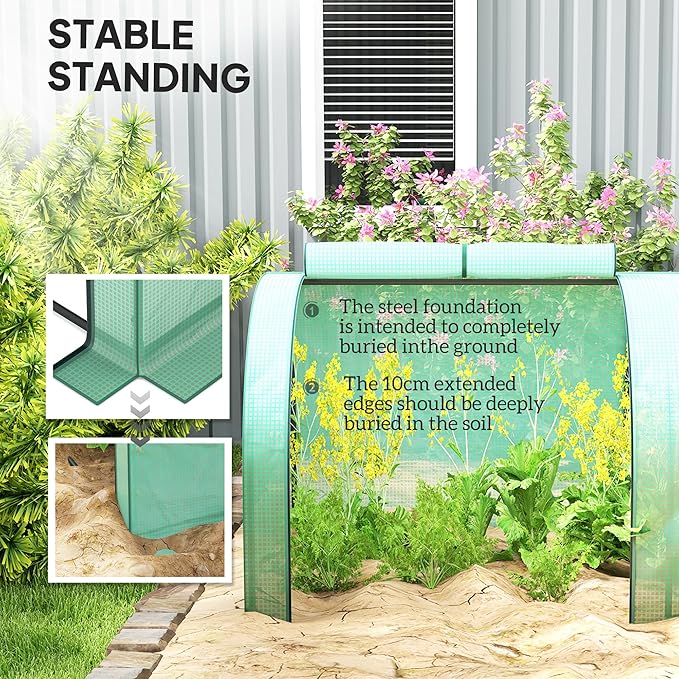 Outsunny 13' x 3' x 2.5' Mini Greenhouse Portable Tunnel Green House with Roll-Up Zippered Doors UV Waterproof PE Cover Steel Frame Green