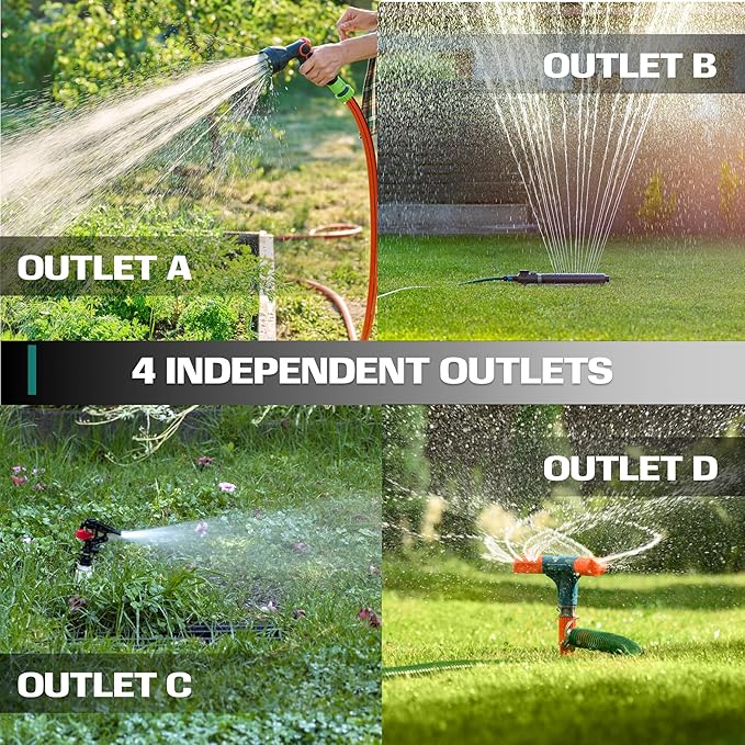 Garden Hose Splitter 4 Way - Heavy Duty Water Hose Manifold with Shut-Off Valves - Outdoor Faucet Divider and Spigot Connector for Garden Lawn or Patio Use - Durable Brass Pipe Splitter - Classic