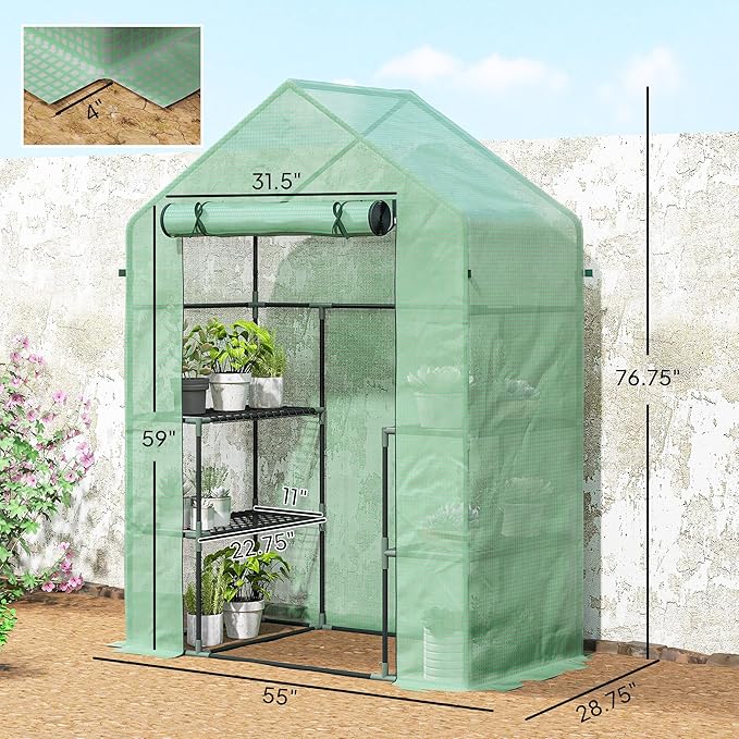 Outsunny 56 x 29 x 76 Portable Walk-In Garden Greenhouse with Built In 3-Tier Shelves