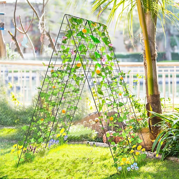 S AFSTAR 46 x 34 Inch Cucumber Trellis for Garden 8 PCS Foldable A-Shape Plant Support W/18 Clips 16 Ground Stakes 8 Spiral Connectors 12 Cable Tie Twist Tie Garden Trellis for Climbing Plants