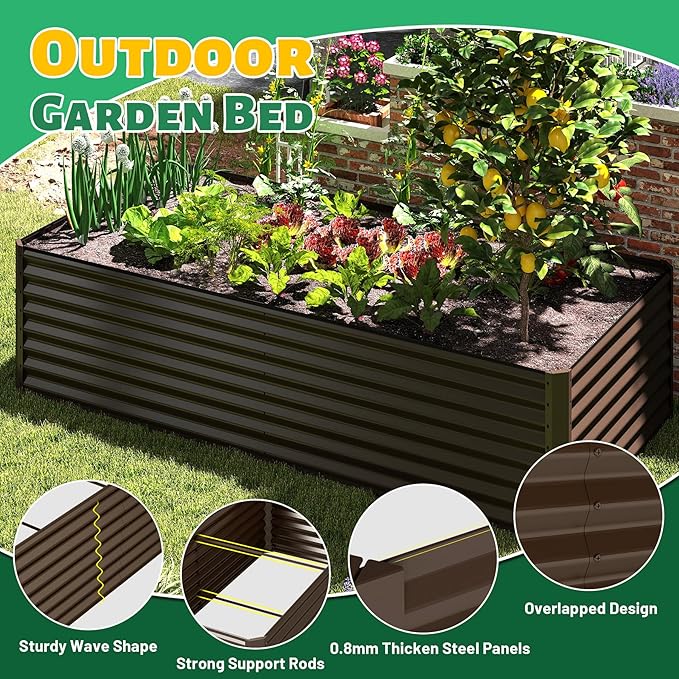 Domi 6×3×2 ft Galvanized Raised Garden Bed Outdoor Planter Garden Boxes Large Metal Planter Box for Gardening Vegetables Fruits Flowers Brown