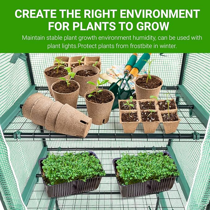 4-Tier Mini Greenhouse Indoor Outdoor with PE Cover and Roll-Up Zipper Door Portable Waterproof Cloth Greenhouse Tent Grow Seeds &amp Seedlings 27.17X19.29X63''Green