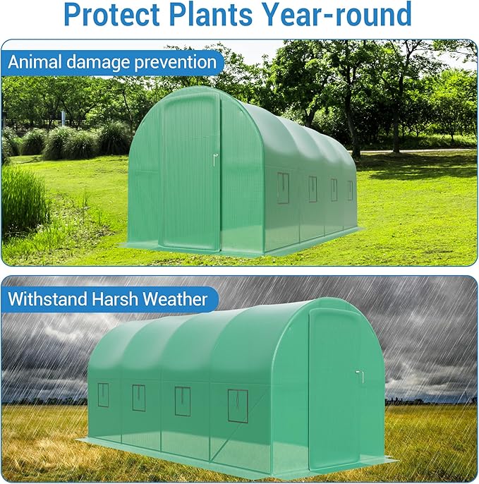 Greenhouses for Outdoors 15’x7’x7’ Walk-in Tunnel Greenhouse with 8 Ventilated Mesh Windows &amp Swing Door &amp Reinforced Frame for Outdoor Gardening Enhanced Galvanized Steel Frame &amp Durabl