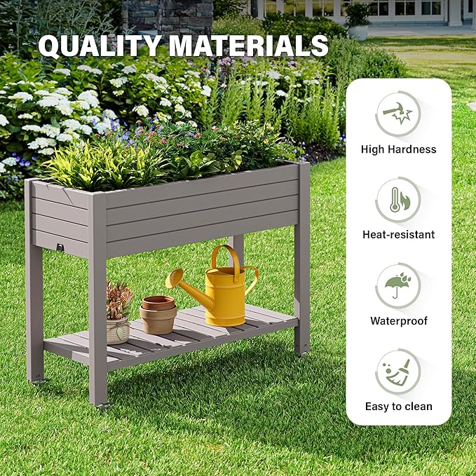 Raised Garden Bed with Wheels Divisible Resin Planter Box with Drainage Gauge &amp Storage Shelf Herb Planter for Garden Patio Backyard Gray (33.7 h)