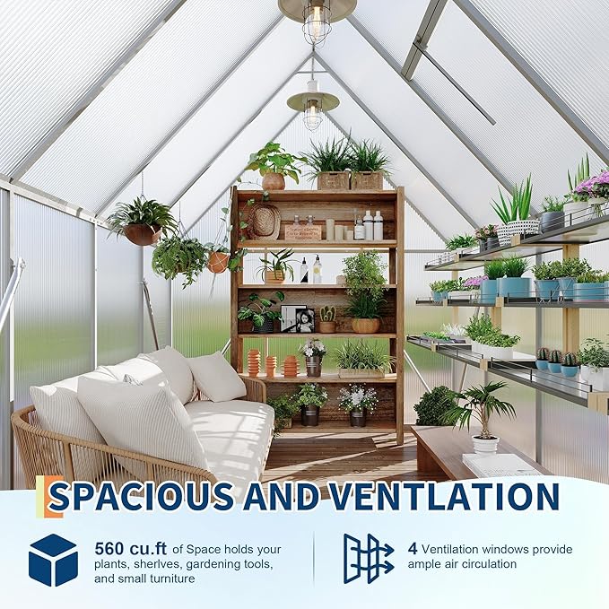 6x7 ft Heavy Duty Polycarbonate Walk-in Greenhouse with Reinforced Aluminum Frame Adjustable Roof Vent and UV Protection Panels for Outdoor Backyard Gardening and Year-Round Plant Care
