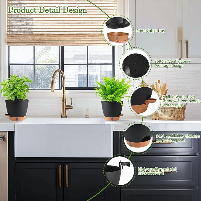 Self Watering Pots for Inoor Ourdoor Plants 10/9/8/7/6.5 Inch Plastic Planters with Drainage Holes &amp Water Level Indicator Decorative House Flower Nursery Planting Pots with Saucers (Black)