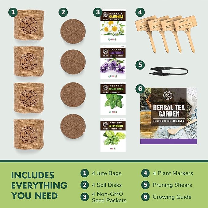 Indoor Herb Garden Seed Starter Kit - Herbal Tea Growing Kits Grow Medicinal Herbs Indoors Seeds for Planting Soil Plant Markers Pots Infuser Planter Box Gardening Gifts for Women