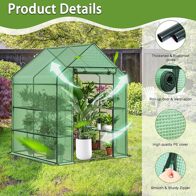 Greenhouse 56 x 56 x 76'' Heavy Duty Greenhouses for Outdoors Green House with Roll-Up Door Thicken PE Cover Portable Walk-in Green Houses for Outside with 3 Tier 8 Shelves