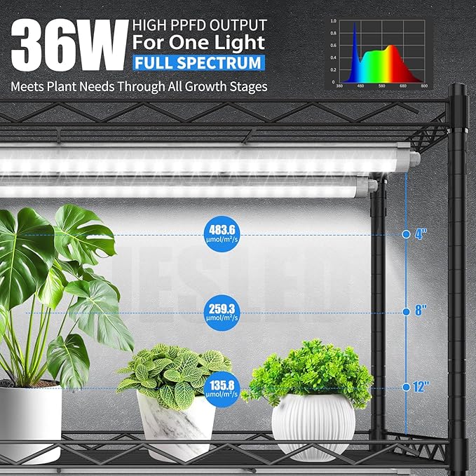 JESLED Indoor Greenhouse with Grow Light 3FT Full Spectrum 5000K LED Light for Seed Starting Tiered Lighting Control Built-in Timer &amp Thermo-Hygrometer Rolling Metal Plant Stand (35.4x13.8x59I