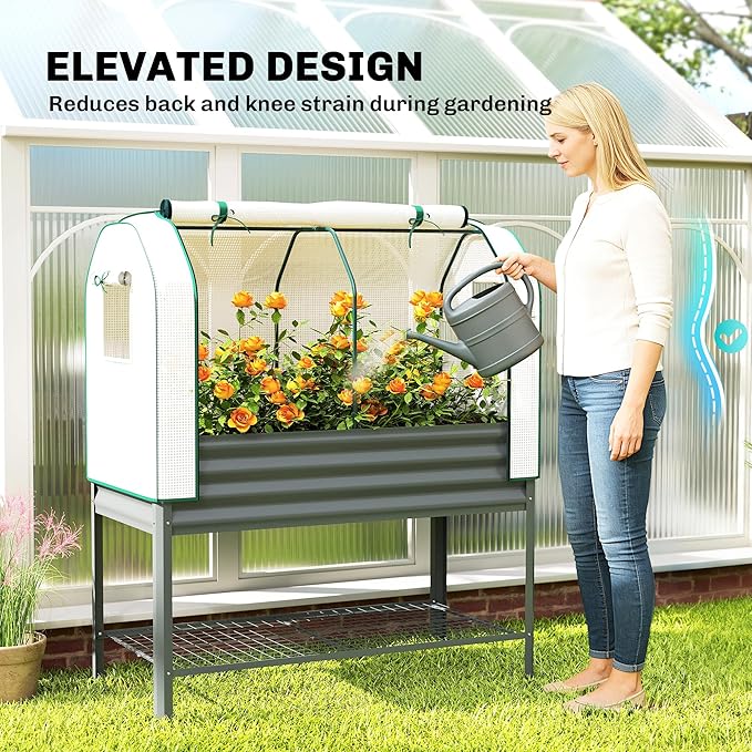 Outsunny Galvanised Raised Garden Bed with Greenhouse Cover Metal Elevated Garden Bed with Legs Bed Liner and Bottom Shelf Outdoor Raised Planter Box for Vegetables Herbs Flowers Dark Gray