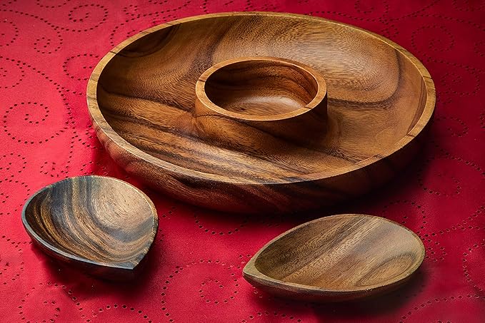 Handcracfted Acacia Wood Chip and Dip Specialty Salsa Bowl Plate Tray 10' D x 1.5 Thick
