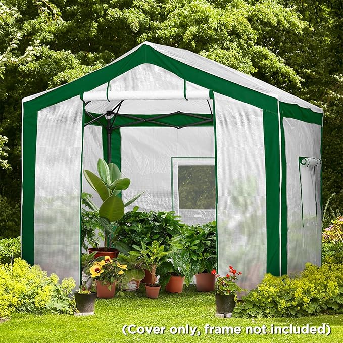 EAGLE PEAK Replacement Cover for 8x6 Portable Pop up Greenhouse with Polyester Reinforced Corners Front Roll-Up Zipper Entry Door and 3 Large Roll-Up Side Windows (Frame Not Included) Green/White