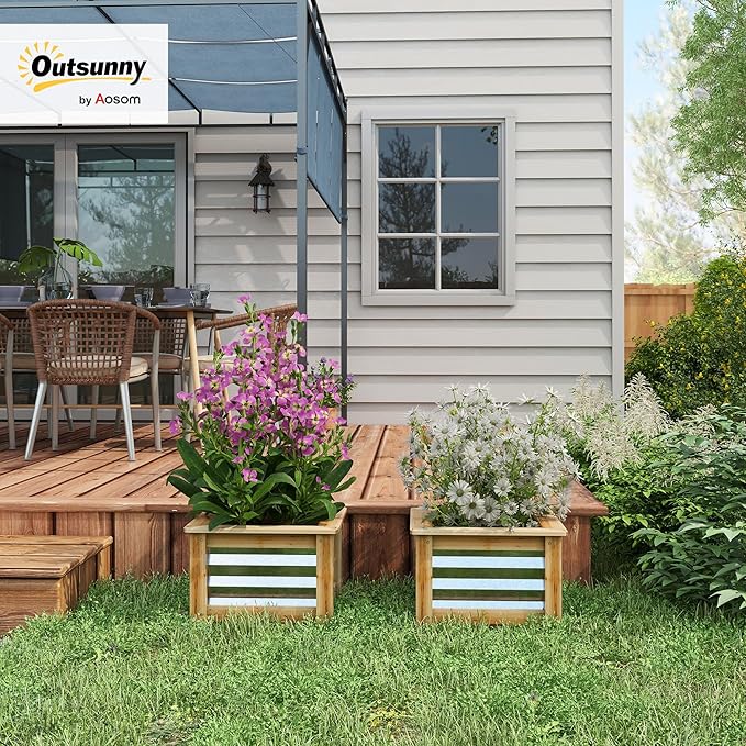 Outsunny Raised Garden Bed Set of 2 Stock Tanks for Growing Flowers Galvanized Metal Reinforced with Wood Planters for Outdoor Plants Herbs and Vegetables