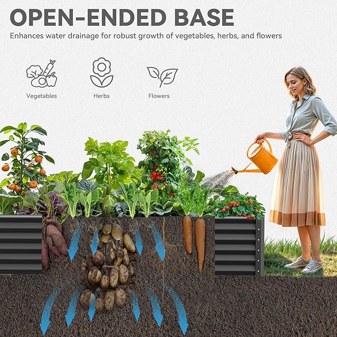 YITAHOME 2pcs 8x4x1.5ft Outdoor Raised Garden Bed Kit Large Metal Patio Planter Box with Gloves Support Rod and Safe Edge Curling Design for Plants Vegetables Flowers Black