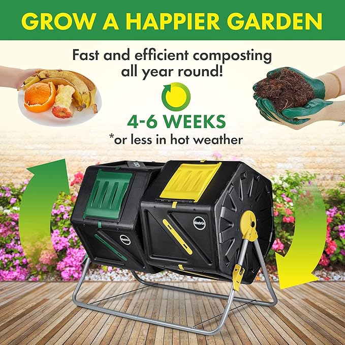 Miracle-Gro Large Dual Chamber Compost Tumbler 55.4 Gallons – Easy-Turn Fast-Working System – All-Season Heavy-Duty High Volume Composter with 2 Sliding Doors (2 x 27.7 gallons)