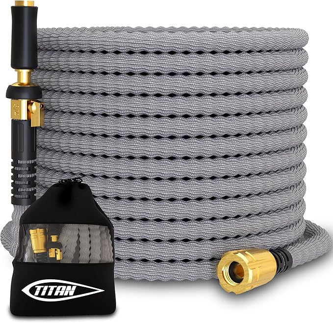 TITAN Flexible Garden Hose 15FT – Ultra Lightweight Heavy Duty Water Hose with Brass Fittings &amp Jet Nozzle – Kink-Free Non-Expanding Durable Fabric Hose for Yard Lawn Car Wash Outdoor Use
