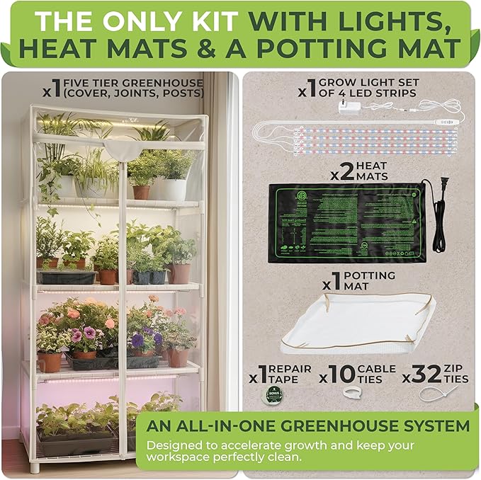 Carpathen Indoor Greenhouse with Grow Light - 4 Tiers 27.2L x 19.3W x 54H with 2 Heat Mats and 4 Dimmable 15W Full Spectrum LED Light Strips w Spectrum Control - Mini Greenhouse with Zip PVC Cover