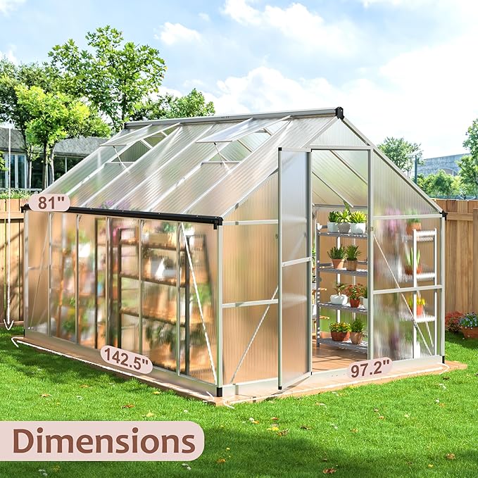 8×12 FT Walk-in Greenhouse for Outdoors Polycarbonate Greenhouse Kit with Roof Vent Large Heavy Duty Green Houses for Outside Backyard Patio Garden Sliver