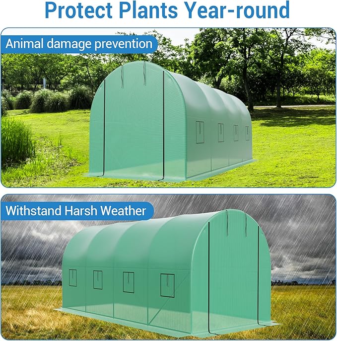 Greenhouses for Outdoors 15’x7’x7’ Walk-In Tunnel Greenhouse with 8 Ventilated Mesh Windows &amp Roll-Up Door &amp Reinforced Frame for Outdoor Gardening Enhanced Galvanized Steel Frame &amp Dura