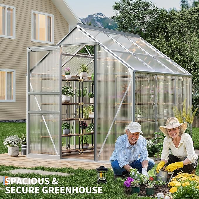 GarveeHome 6x6 FT Walk-in Greenhouse Large Polycarbonate Green House with Sliding Door &amp Adjustable Roof Vent Heavy-Duty Weatherproof Outdoor Greenhouse for Patio Backyard Garden