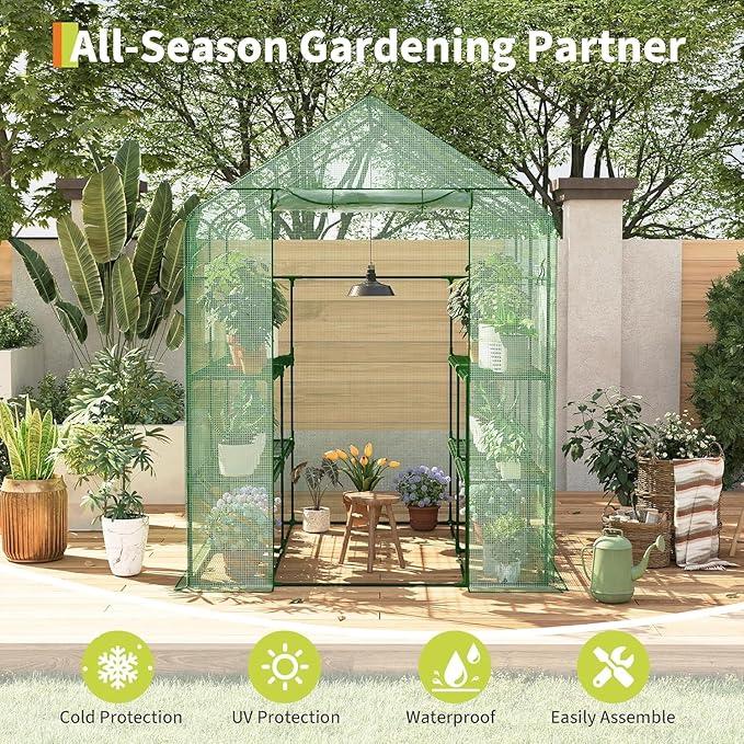 57x57x77 Inch Greenhouse for OutdoorPortable Walk in Greenhouses with Thicken PE CoverDurable Green House Kit with Window Vent 3 Tier 12 Shelves for Indoor Backyard Outside
