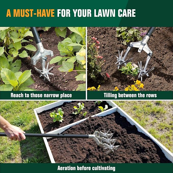Rotary Cultivator Garden Tool for Gardening and Lawn(61'') Rotary Hand Tiller with Detachable Thicker Tines&ampSturdy Steel Handle Manual Tiller Cultivator for Soil or Reseeding Grass