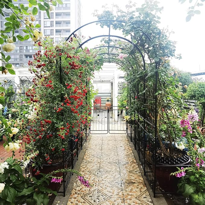 Metal Garden Arch with Two Plant Stands 79.5'' Wide x 86.6'' High Climbing Plants Support Rose Arch Outdoor Black