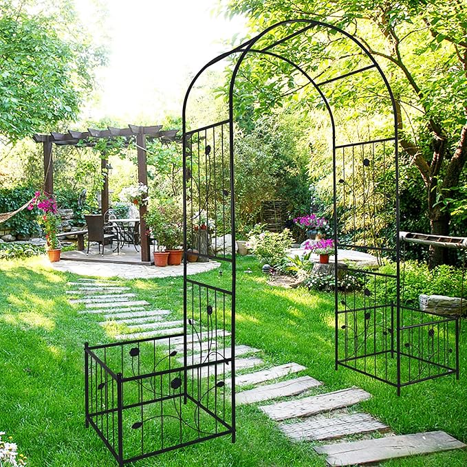 Metal Garden Arch with Two Plant Stands 79.5'' Wide x 86.6'' High Climbing Plants Support Rose Arch Outdoor Black