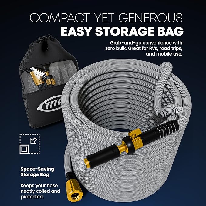 TITAN Flexible Garden Hose 25FT – Ultra Lightweight Heavy Duty Water Hose with Brass Fittings &amp Jet Nozzle – Kink-Free Non-Expanding Durable Fabric Hose for Yard Lawn Car Wash Outdoor Use