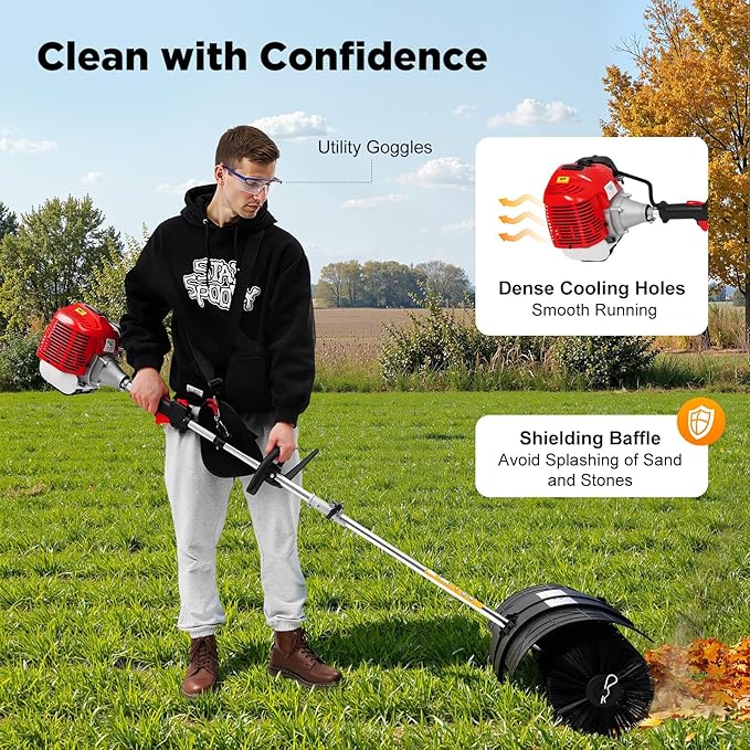 Handheld Power Broom 52cc 2Stroke 2.3HP Outdoor Handheld Sweeper Power Broom for Artificial Turf Walk Behind Sweeper Cleaning Driveway Tools Lawn Cleaner Tools