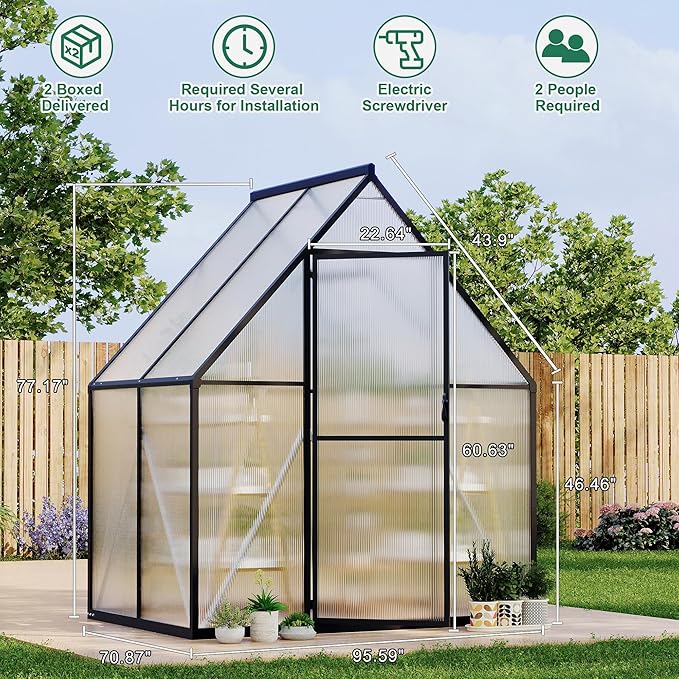 6X4 ft Polycarbonate Greenhouse with Aluminum Frame Polycarbonate Greenhouse for Outdoors Greenhouses with Ventilation and Rain Gutter Aluminum Large Walk-in Greenhouses for Outside
